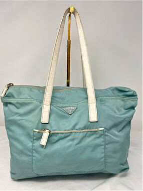 Prada Light Blue Nylon Tote Bag White Leather Trim Zip Shoulder Bag